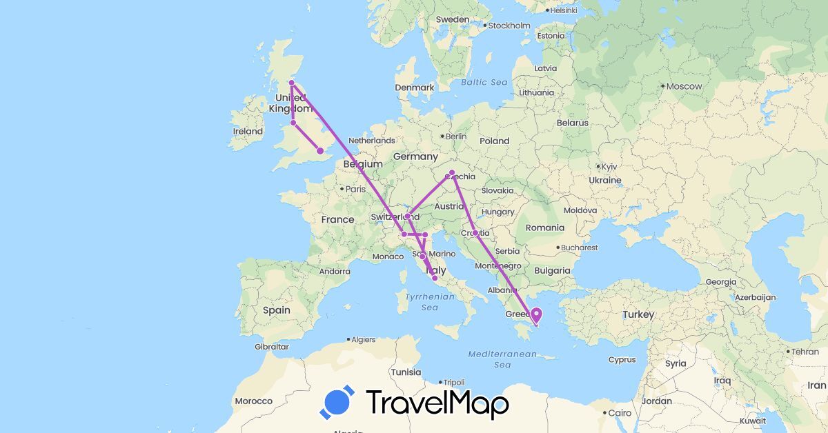 TravelMap itinerary: driving, train in Switzerland, Czech Republic, United Kingdom, Greece, Croatia, Italy (Europe)